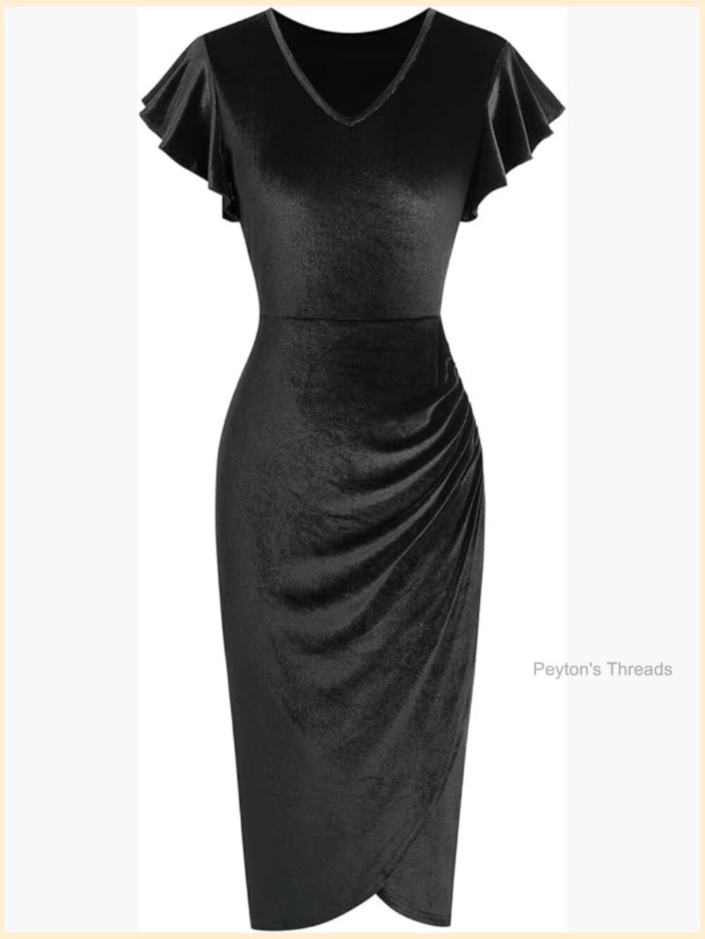 Velvet Ruffle Sleeve Ruched Bodycon Midi Cocktail Dress